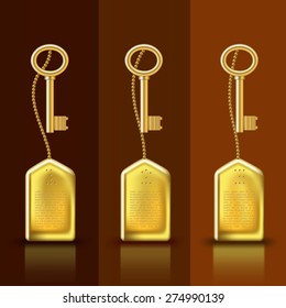 Illustration of three golden keys with keychains. 