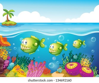 Illustration of the three green piranhas under the sea