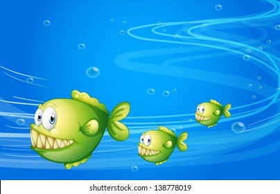 Illustration of the three green piranhas under the sea