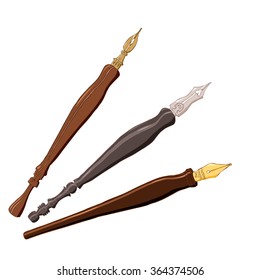 Illustration of three hand drawn vintage ink pen.