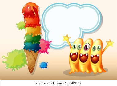 Illustration of the three happy beanie monsters near the giant icecream