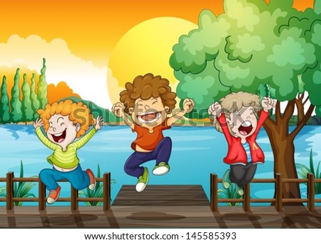 Illustration of the three happy boys at the wooden bridge
