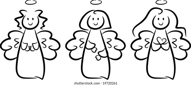 Illustration of three happy little angel girls: one of them folding her hands in a praying gesture, one of them holding a heart in her hands; isolated (vector)