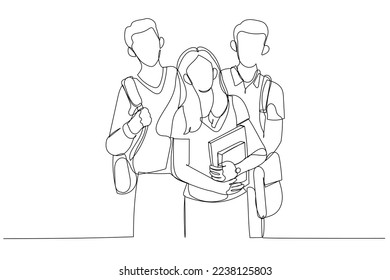 Illustration of three happy students standing together with fun. Single line art style
