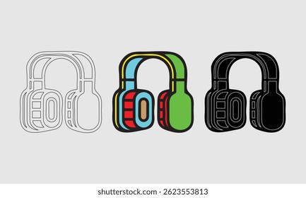 Ilustração de três designs de fones de ouvido, estilizados em cores modernas e vibrantes, representando áudio contemporâneo e tendências tecnológicas. Útil para tecnologia, música e temas relacionados à arte.