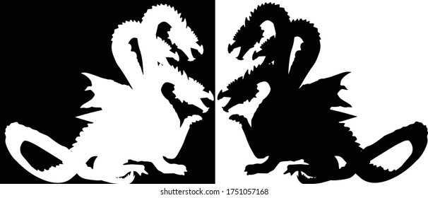 illustration with three heads dragon isolated on black and white background