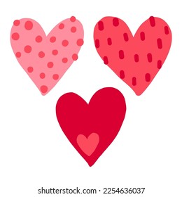 Illustration of three hearts with different patterns, Valentine drawing