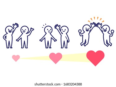 Illustration of three hearts of different sizes and a deformed simple human greeting