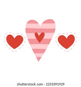 Illustration three hearts in shades pink   red  large striped one   two smaller ones and stitching around it  Valentine's drawings