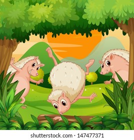 Illustration of the three hedgehogs playing in the woods