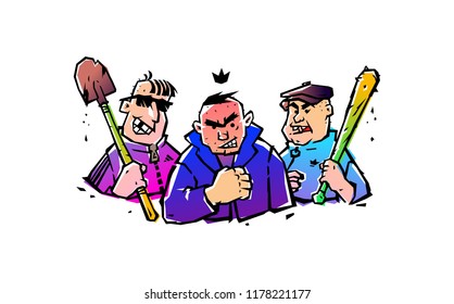 Illustration of three hooligans with a bat and a shovel. Vector. The illustration is isolated on a white background. Russian courtyard punks. Bandits and robbers.. Sticker, picture for T-shirt.