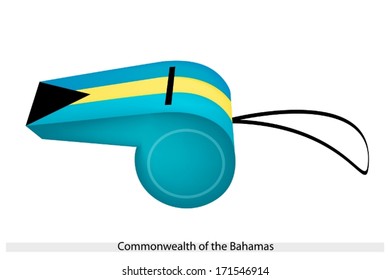 An Illustration of Three Horizontal Stripes of Aquamarine and Gold with A Black Triangle of The Bahamas Flag on A Whistle, The Sport Concept and Political Symbol. 