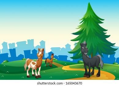 Illustration of the three horses at the hilltop across the village