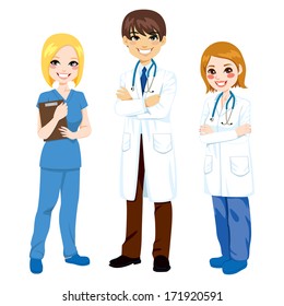 Illustration of three hospital workers standing with arms crossed in uniform