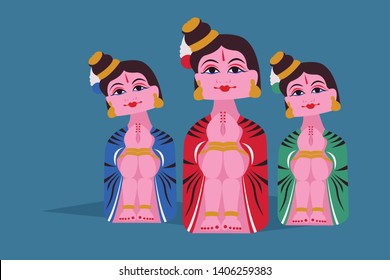 Illustration of three Indian women in Tanjore dolls style.