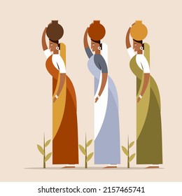 Illustration of three Indian women walking with water pots on their heads