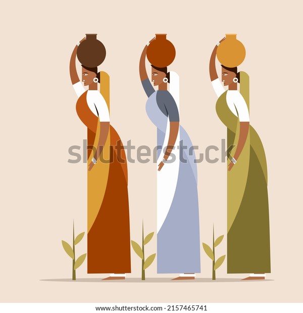 Illustration of three Indian women walking with\
water pots on their\
heads