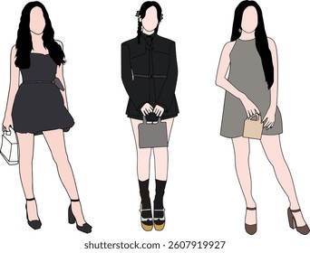 Illustration of three individuals wearing fashionable attire, each displaying unique designs with matching handbags. A representation of contemporary fashion and personal style.