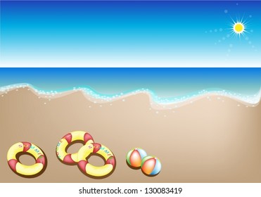 An Illustration of Three Inflatable Rings or Inner Tubes and Two Beach Ball on A Beautiful Summer Beach