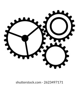 Illustration of three interconnected black gears with a detailed design, representing machinery, mechanics, and mechanical systems. Vector illustration.