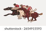 Illustration of three jockeys racing on horses. Jockeys in red and white uniforms, showcasing dynamic motion and competition in horse racing. Vintage animal illustration.