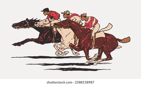 Illustration of three jockeys racing on horses. Jockeys wear red and white uniforms. Horses in motion, showcasing speed and competition in horse racing. Vintage animal illustration vector.