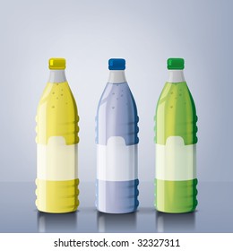 An illustration of three juice bottles with reflexions