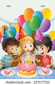 Illustration of the three kids celebrating a birthday on a white background