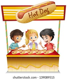 Illustration of the three kids in a hotdog stand on a white background