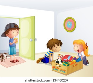 Illustration of the three kids inside the house with a box of toys