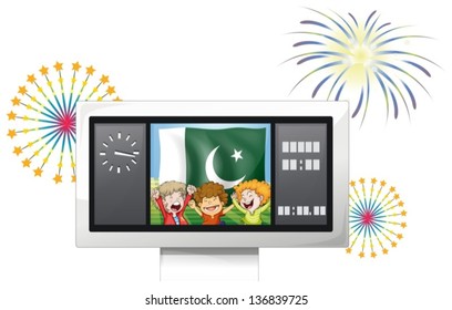 Illustration of the three kids inside the scoreboard in front of the Pakistan flag on a white background