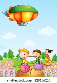 Illustration of three kids playing below an airship