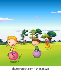 Illustration of the three kids playing with the bouncing balls