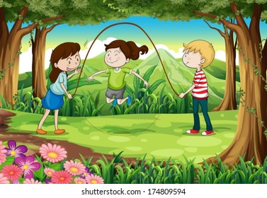 Illustration of the three kids playing with a rope in the middle of the forest