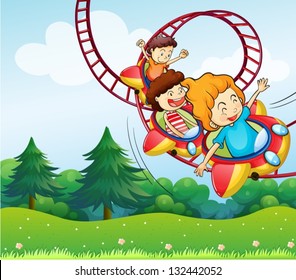 Illustration of the three kids riding in the roller coaster