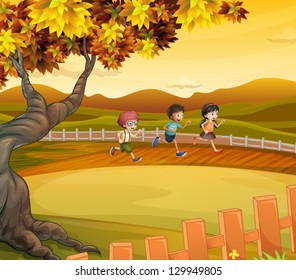 Illustration of the three kids running along the field