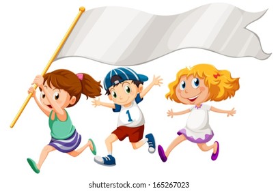 Ilustración de los tres niños corriendo con una pancarta vacía en un fondo blanco