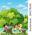 Illustration of the three kids running outdoor