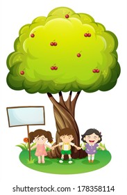Illustration of the three kids standing under the tree with an empty signboard on a white background