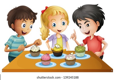 Illustration of the three kids at the table with cupcakes on a white background 