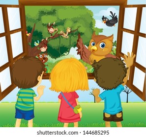 Illustration of the three kids watching the different animals in the forest