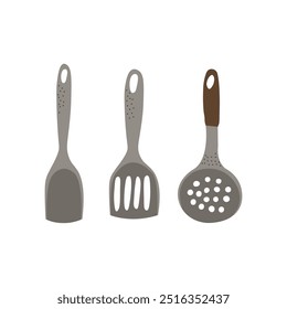 Illustration of three kitchen utensils spatula, slotted spatula, and skimmer with iron handles.