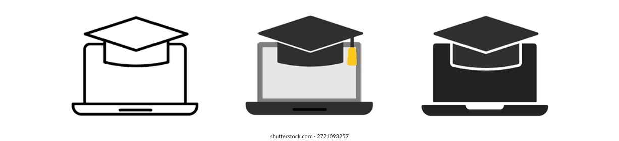 Illustration of three laptops with graduation caps, symbolizing online education and learning.