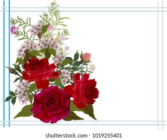 illustration with three large roses and small flowers isolated on white background