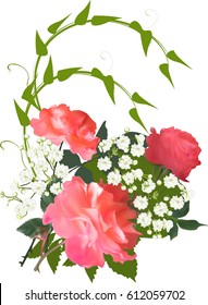 illustration with three large roses and small flowers isolated on white background