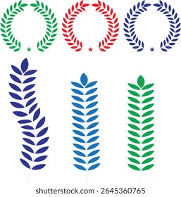 Illustration of three laurel wreaths and three wheat stalks in green, red, and blue on a white background. Vector format.