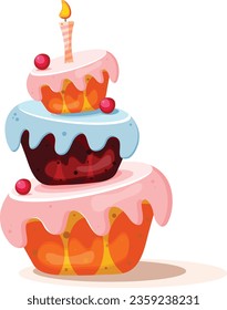 Illustration of three layers of cake with cheery and lighting candles, colorful cake, looking tasty, yummy, and fun. hot, yummy cake for kids. party, birthday celebration for children.