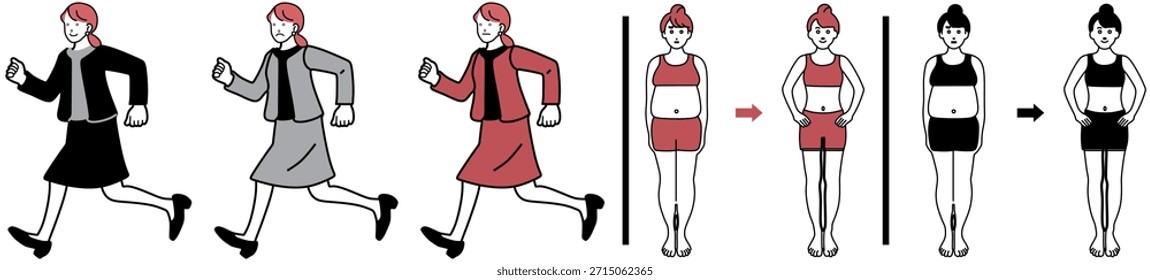 Ilustración de tres niveles de pérdida de peso. ilustración de la transformación de una mujer de Ilustración vectorial delgada a grasa, aislada sobre fondo blanco