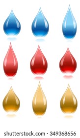 illustration of a three liquid drops movement of variation color of liquid on isolate white background