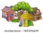 An illustration from the three little pigs childrens fairytale story, of the 3 pig cartoon characters with their straw, wooden and brick houses and the big bad wolf peeking from behind a tree.